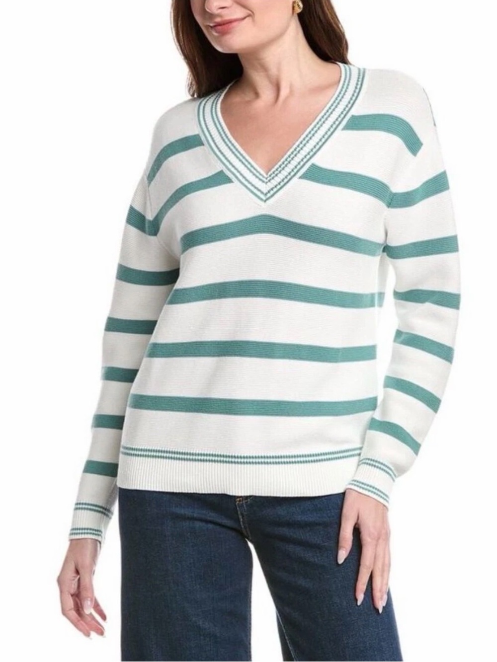 Cabi Arena V-Neck Pullover #6656 Beau Stripe Green White Size Medium